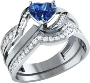 0.28 ct Diamond Sterling Silver Engagement Ring Wedding Band Bridal Set with Simulated Blue Sapphire
