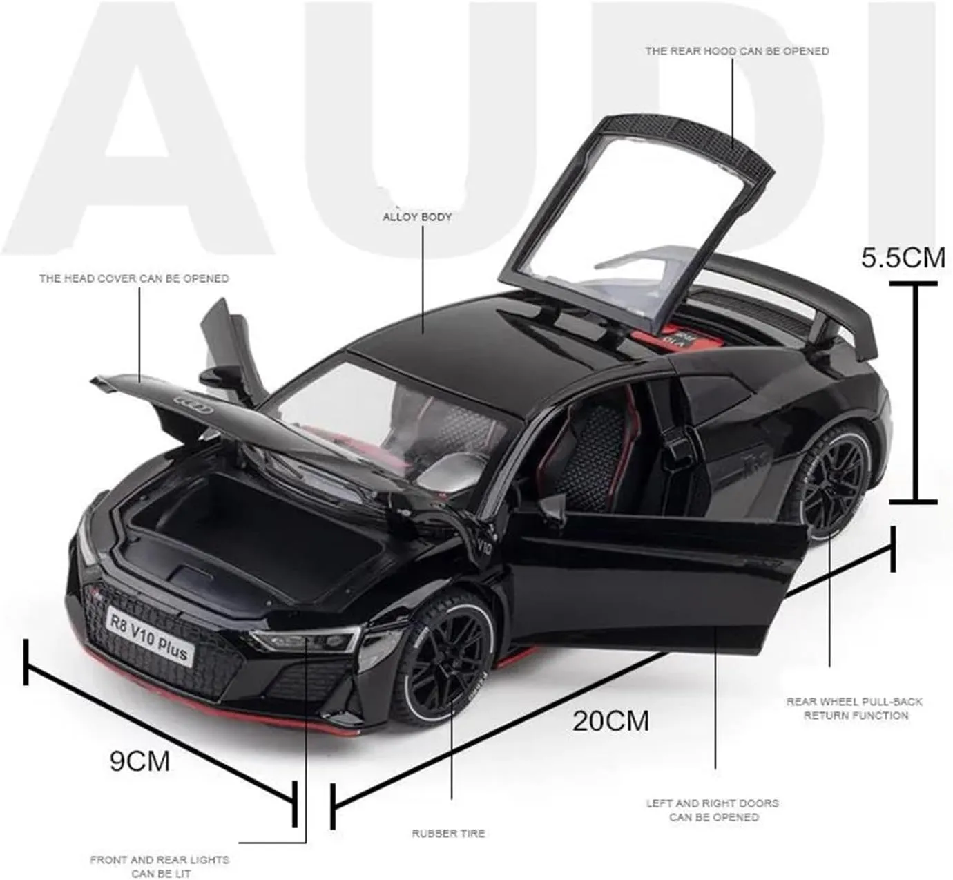 1 24 for Audi R8 V8 Coupe Alloy Sports Car Model Diecast Metal Racing Vehicle Car Model Sound Light Collections Scale Vehicles Toys(Yellow)