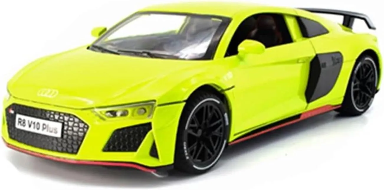 1 24 for Audi R8 V8 Coupe Alloy Sports Car Model Diecast Metal Racing Vehicle Car Model Sound Light Collections Scale Vehicles Toys(Yellow)