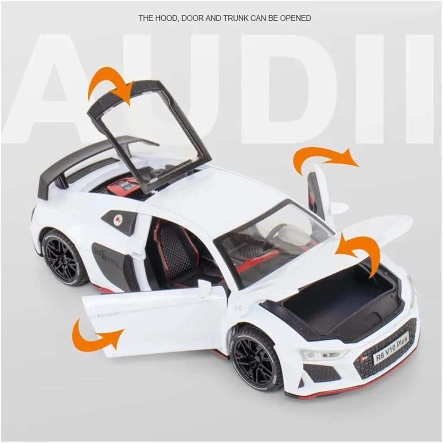 1 24 for Audi R8 V8 Coupe Alloy Sports Car Model Diecast Metal Racing Vehicle Car Model Sound Light Collections Scale Vehicles Toys(Yellow)