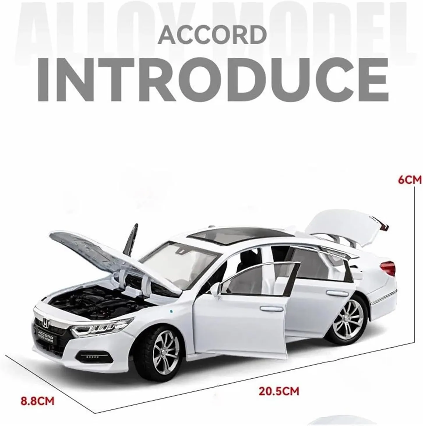 1 24 for Honda Accord Alloy Miniature Car Diecast Metal Scale Car Model Sound Light Simulation Collections Toy Simulation Vehicle Playset(White)
