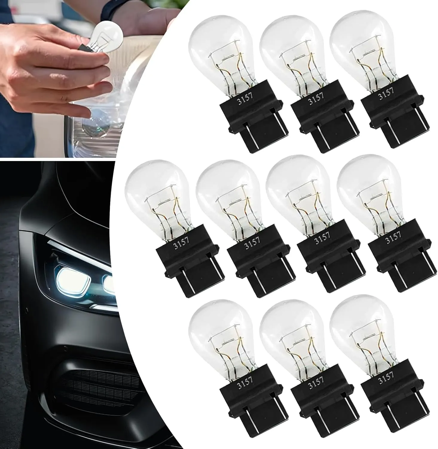 10 PCS Car 3157 Halogen Brake Light Bulb Lamp, Quartz Glass 12V Waterproof Super Bright Reversing Tail Light, Lighting Replacement Accessories, for Most Car Models (White)