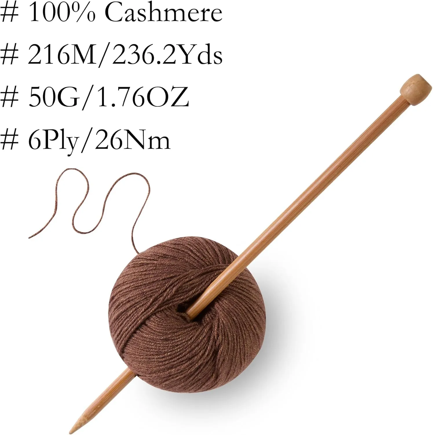 100% Inner Mongolian Cashmere Yarn, 6-Ply Luxurious and Soft Yarn for Hand Knitting & Crocheting (Coffee,1 Ball)