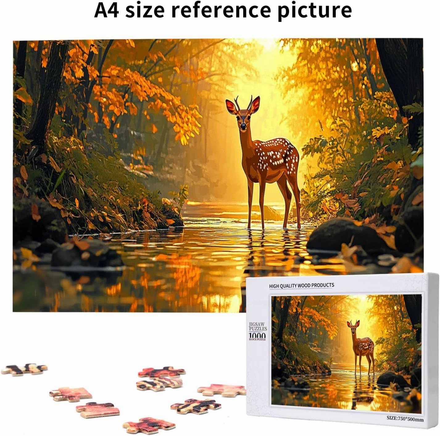 1000 Pcs Wooden Puzzle for Adults, Golden Autumn Stag by Jungle Stream, Intricate Antler Textures with Floating Leaf Reflections, Creative Play & Holiday Party Gifts Artwork