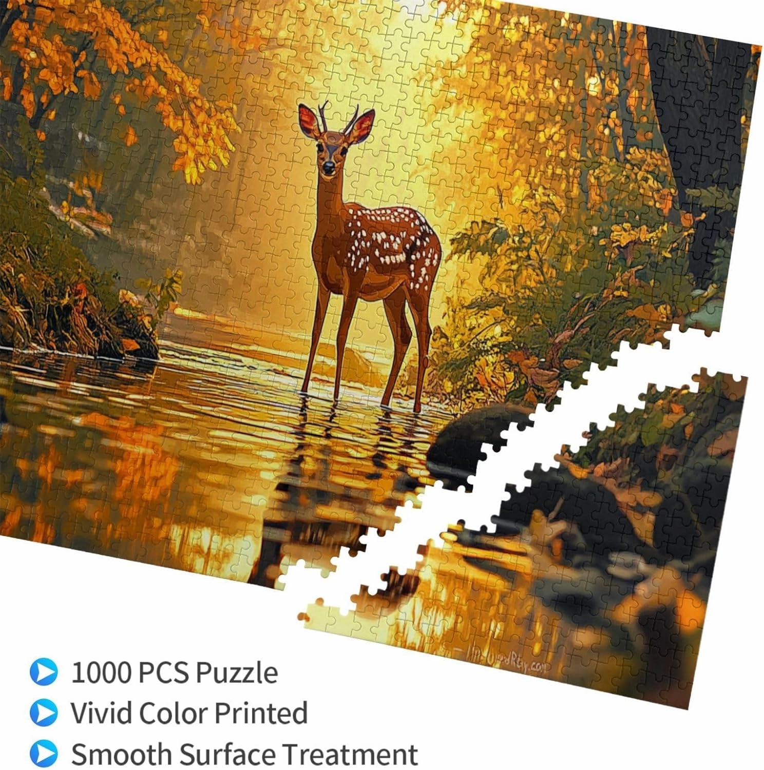 1000 Pcs Wooden Puzzle for Adults, Golden Autumn Stag by Jungle Stream, Intricate Antler Textures with Floating Leaf Reflections, Creative Play & Holiday Party Gifts Artwork