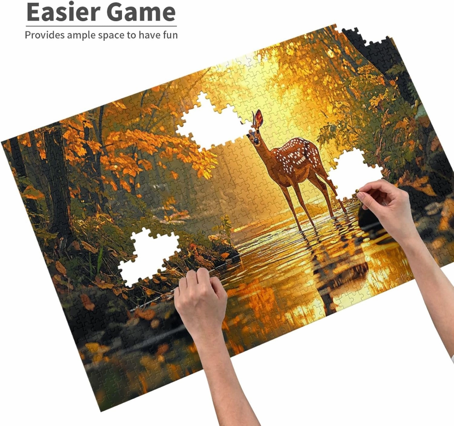 1000 Pcs Wooden Puzzle for Adults, Golden Autumn Stag by Jungle Stream, Intricate Antler Textures with Floating Leaf Reflections, Creative Play & Holiday Party Gifts Artwork