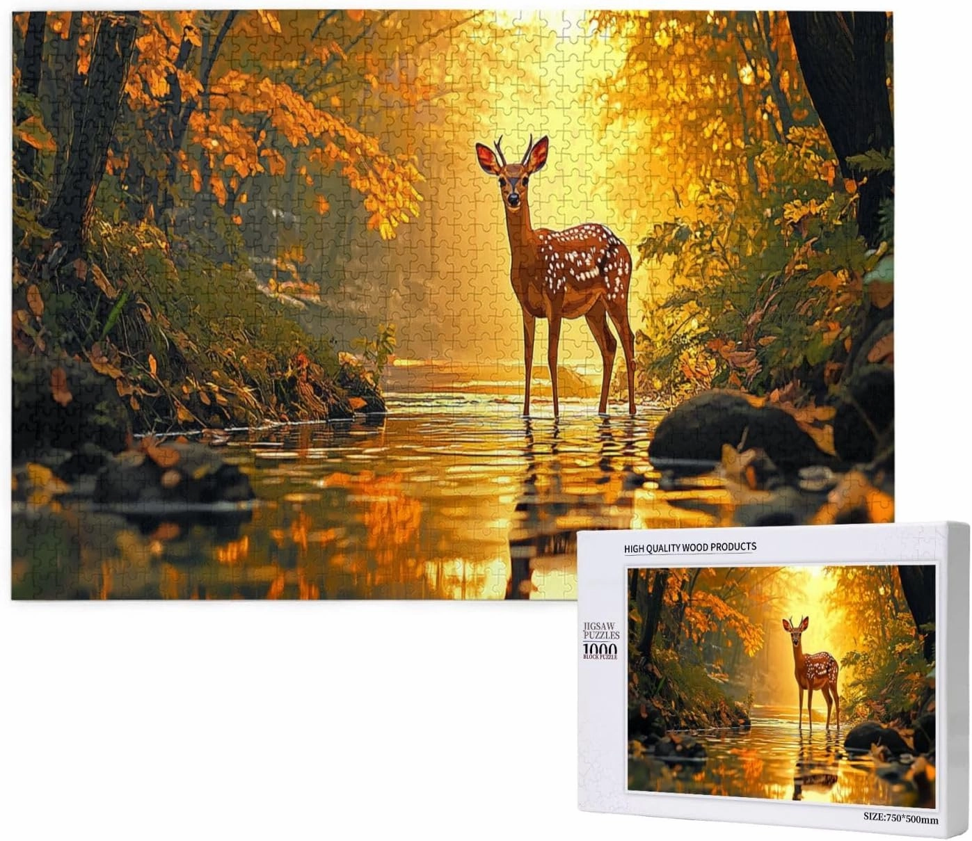 1000 Pcs Wooden Puzzle for Adults, Golden Autumn Stag by Jungle Stream, Intricate Antler Textures with Floating Leaf Reflections, Creative Play & Holiday Party Gifts Artwork