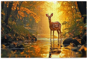 1000 Pcs Wooden Puzzle for Adults, Golden Autumn Stag by Jungle Stream, Intricate Antler Textures with Floating Leaf Reflections, Creative Play & Holiday Party Gifts Artwork