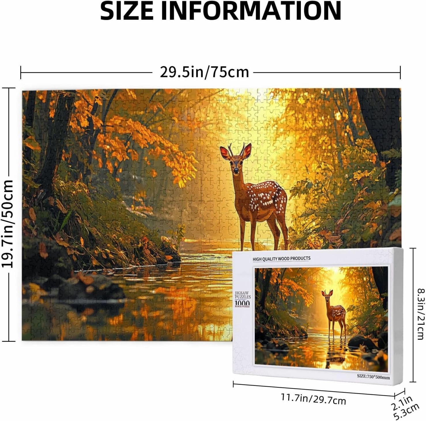 1000 Pcs Wooden Puzzle for Adults, Golden Autumn Stag by Jungle Stream, Intricate Antler Textures with Floating Leaf Reflections, Creative Play & Holiday Party Gifts Artwork