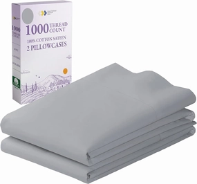 1000 Thread Count, Soft & Smooth, 100% Cotton Sateen Weave, Hotel-Quality, Set of 2 Classic Style Light Grey Pillowcases Queen Size Fits Std & Queen Size Pillows