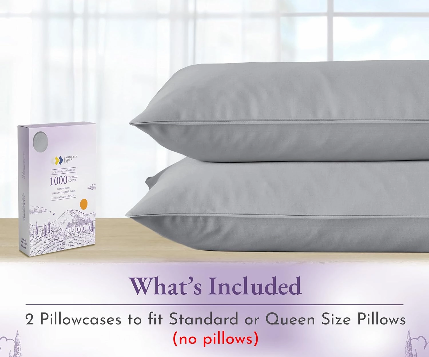 1000 Thread Count, Soft & Smooth, 100% Cotton Sateen Weave, Hotel-Quality, Set of 2 Classic Style Light Grey Pillowcases Queen Size Fits Std & Queen Size Pillows