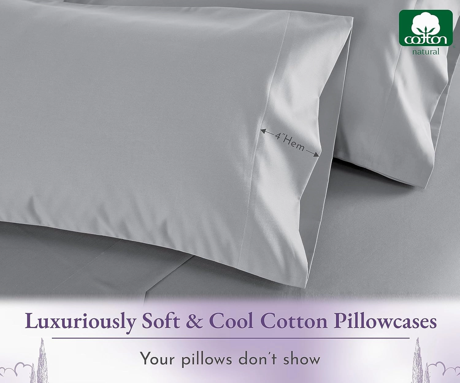 1000 Thread Count, Soft & Smooth, 100% Cotton Sateen Weave, Hotel-Quality, Set of 2 Classic Style Light Grey Pillowcases Queen Size Fits Std & Queen Size Pillows