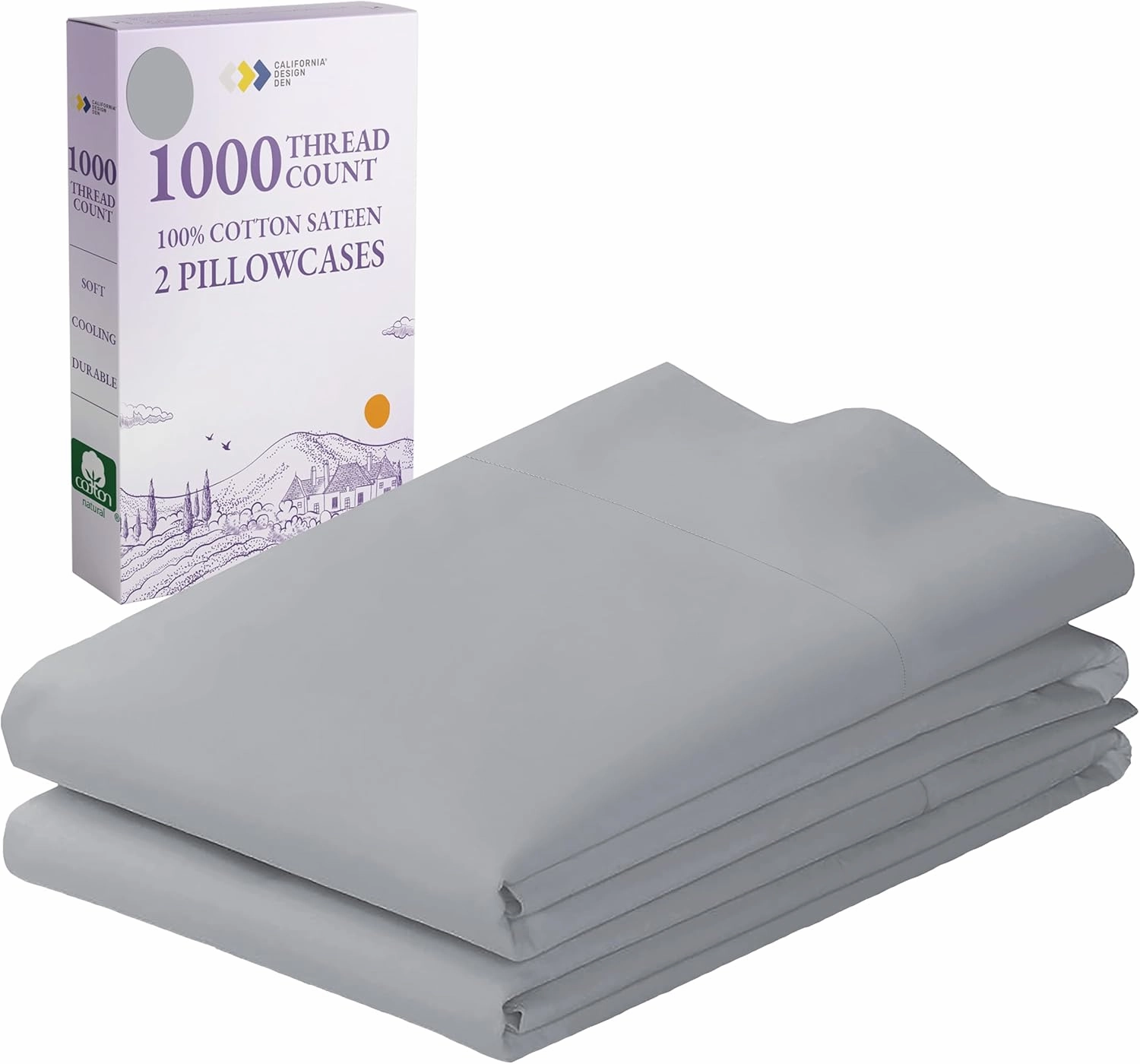 1000 Thread Count, Soft & Smooth, 100% Cotton Sateen Weave, Hotel-Quality, Set of 2 Classic Style Light Grey Pillowcases Queen Size Fits Std & Queen Size Pillows