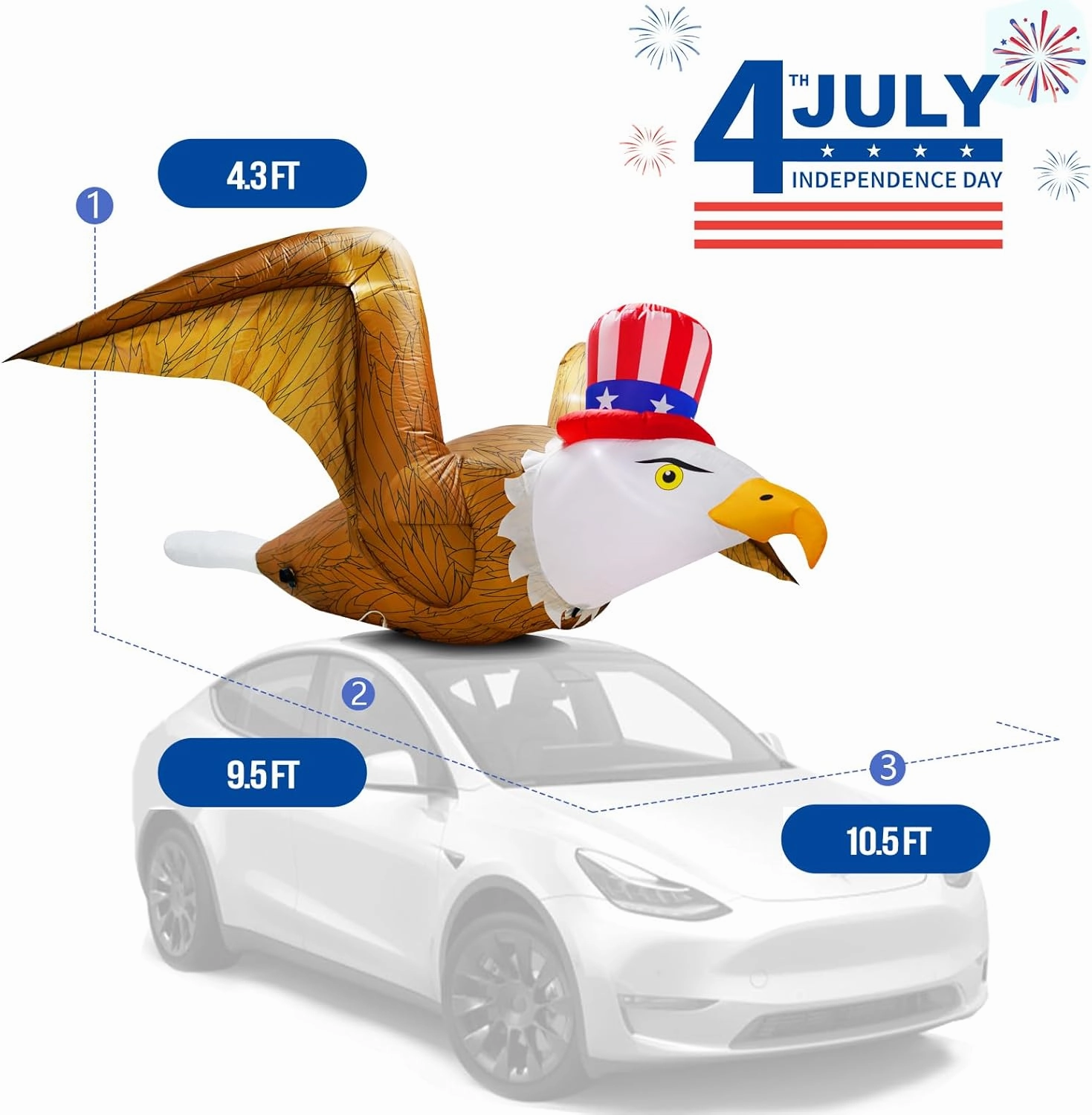 10.5Ft Long 4th of July Inflatable Flying Bald Eagle, Blow Up Eagle on The Car with Led Lights - for Patriotic Parade, Memorial Day and Independence Day Decoration