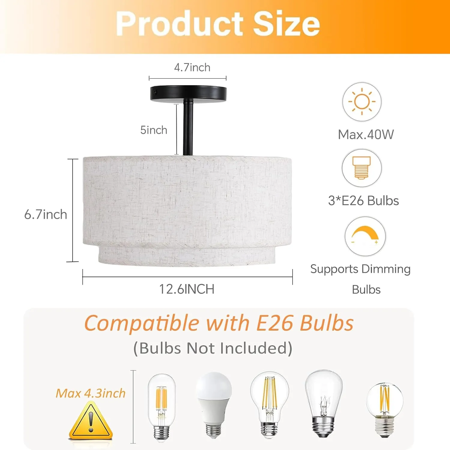 12.6inch Flush Mount Ceiling Light Fixture,3-Light Modern Close to Ceiling Light with 2-Layer Linen Fabric Shade,Farmhouse Drum Ceiling Mount Lamp for Bedroom Hallway Living Room