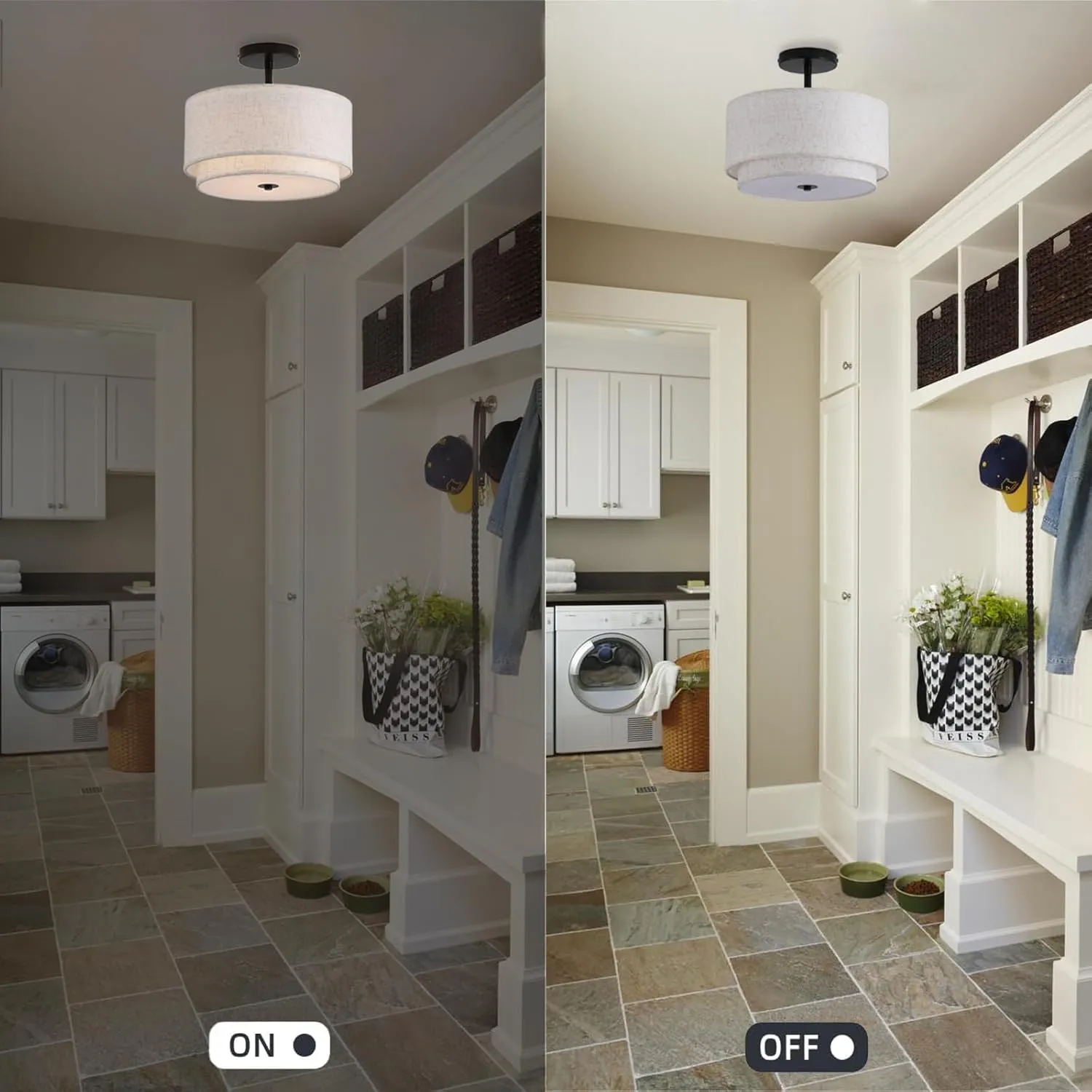12.6inch Flush Mount Ceiling Light Fixture,3-Light Modern Close to Ceiling Light with 2-Layer Linen Fabric Shade,Farmhouse Drum Ceiling Mount Lamp for Bedroom Hallway Living Room
