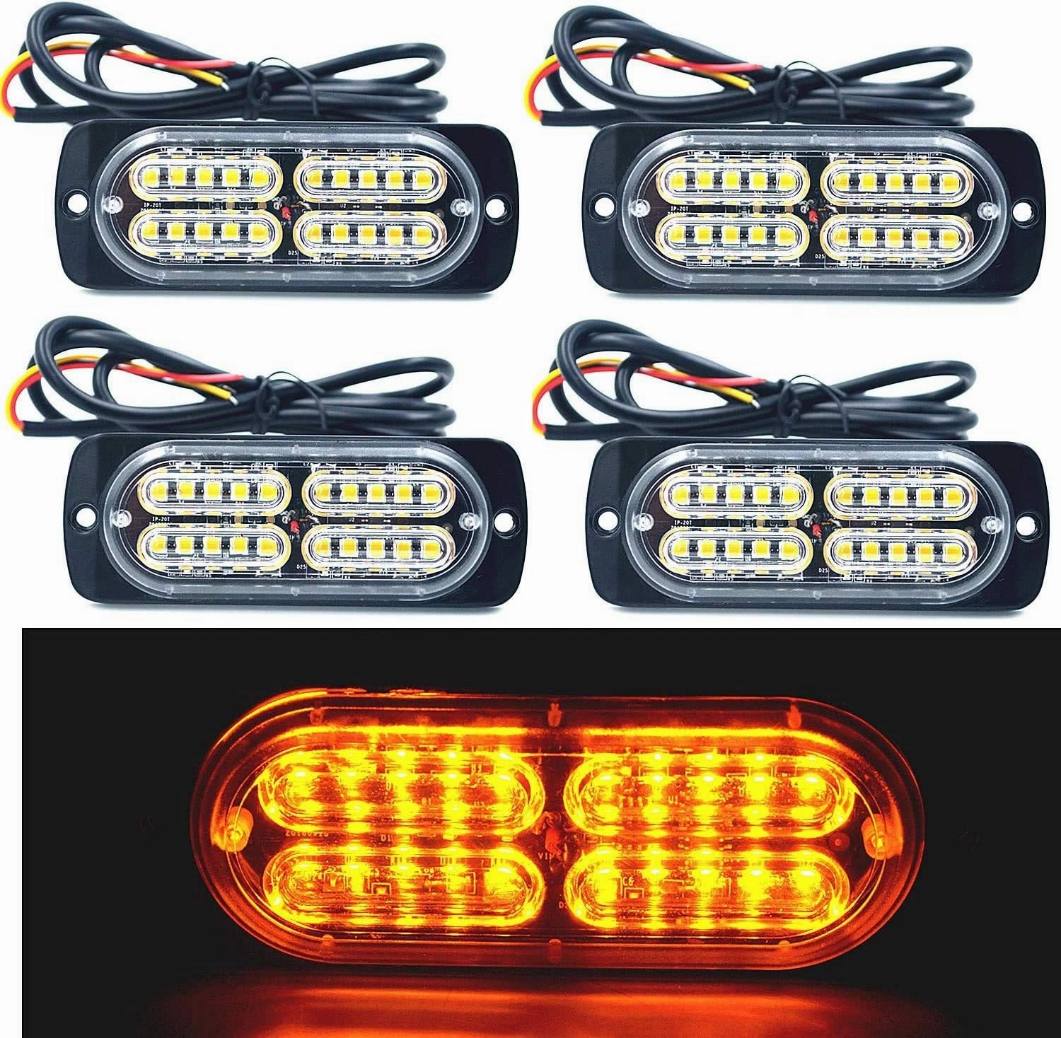 12-24V 20-LED Super Bright Emergency Warning Caution Hazard Construction Waterproof Amber Strobe Light Bar with 32 Different Flashing for Car Truck SUV Van - 4PCS (Amber)