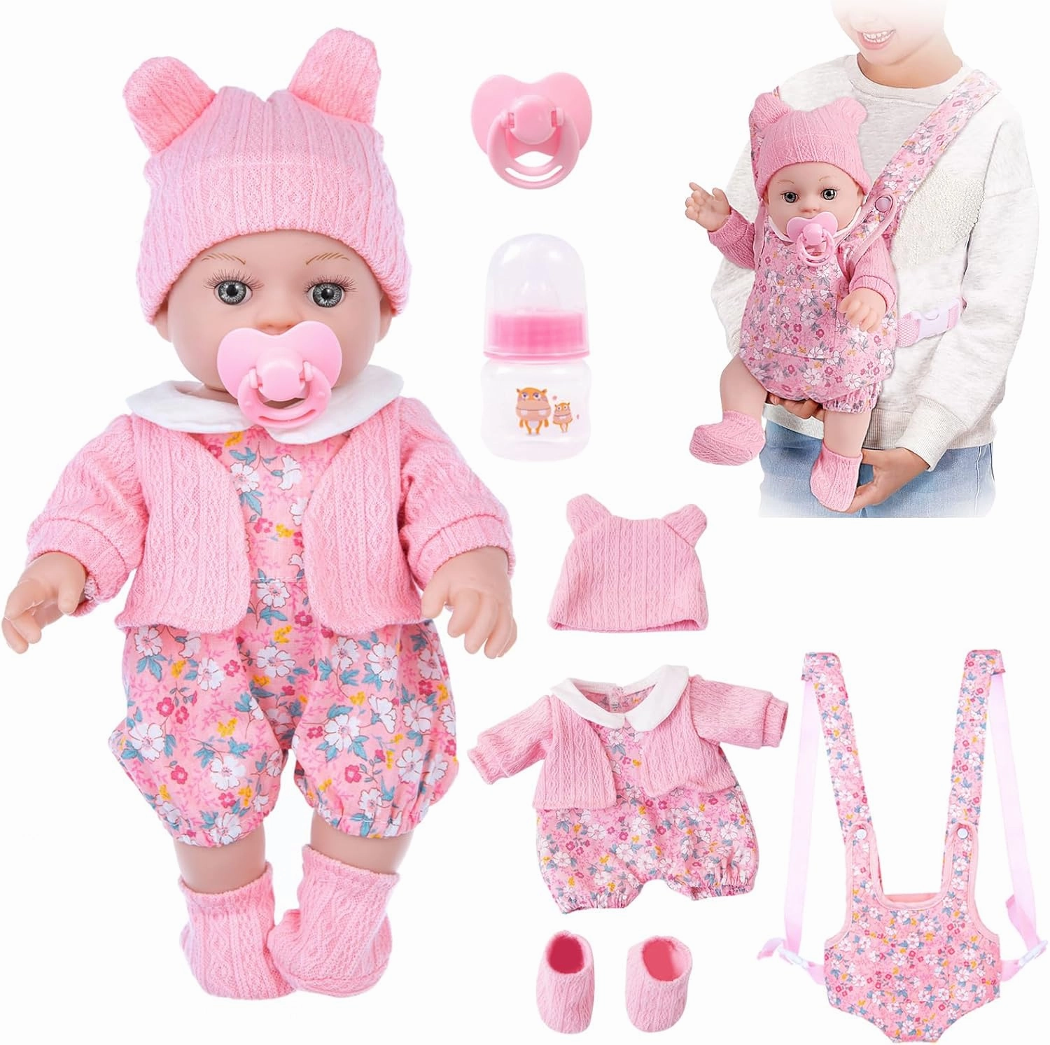 12" Baby Doll Set with Clothes and Baby Carrier for Dolls Reborn Baby Doll Accessories Include Feeding Bottles Nipple Toy Stuffs for Kids Age 3 