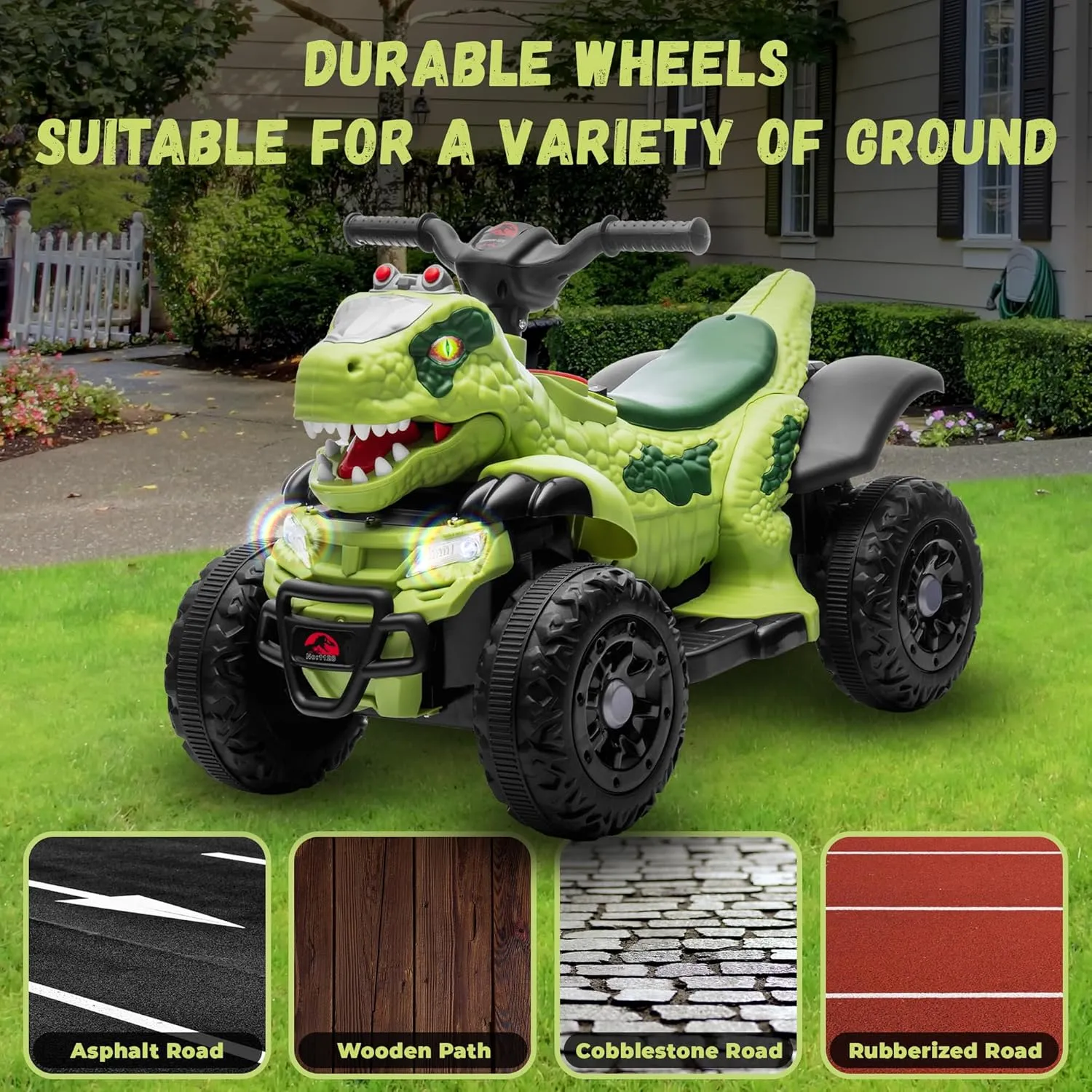 12V ATV Electric Ride on Car, Dinosaur Battery Electric Car for Kids with Music, Cool Light, Microphone Interface Kids Ride On Toy Tree Tyrannosaurus Rex Green