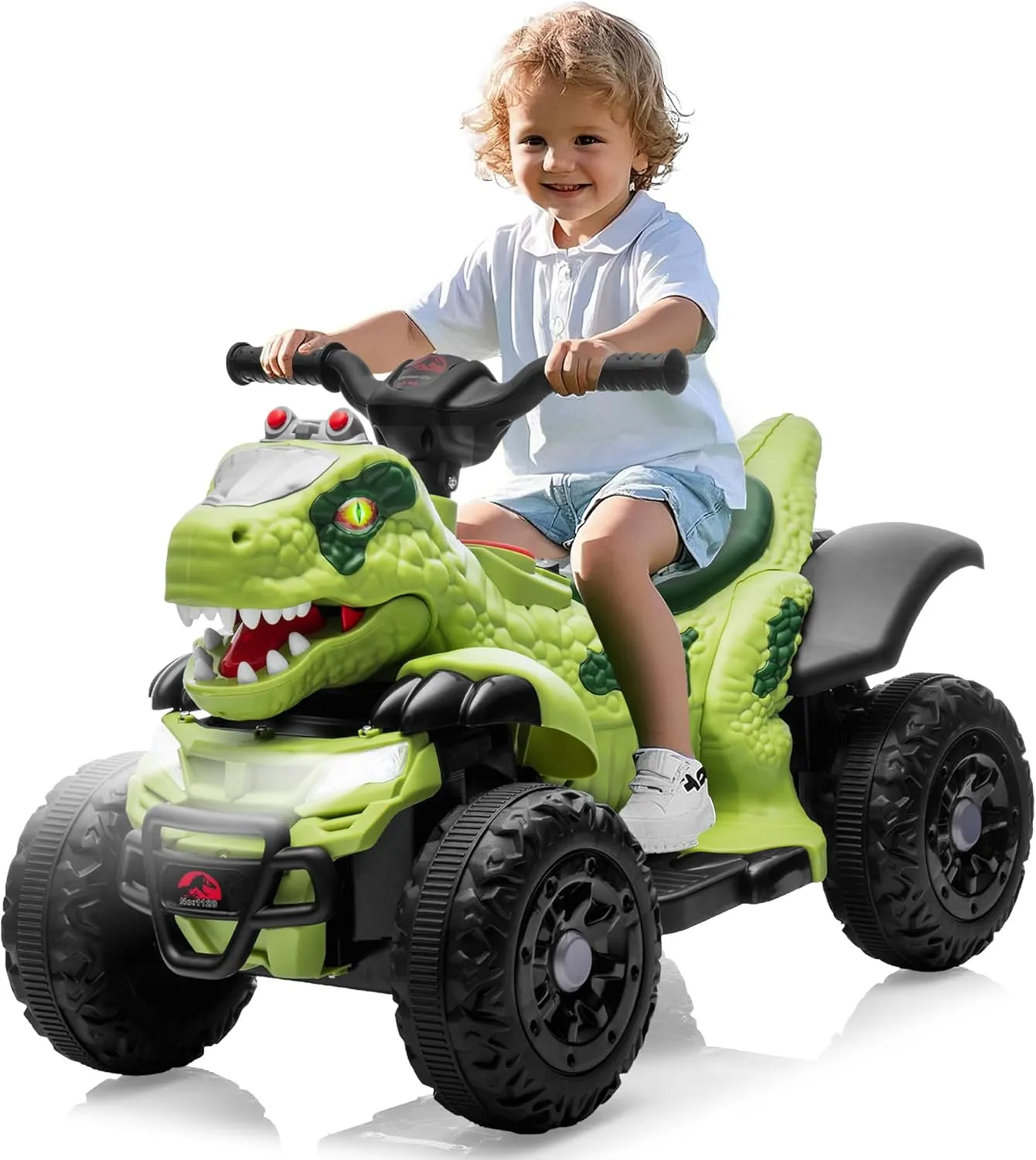 12V ATV Electric Ride on Car, Dinosaur Battery Electric Car for Kids with Music, Cool Light, Microphone Interface Kids Ride On Toy Tree Tyrannosaurus Rex Green
