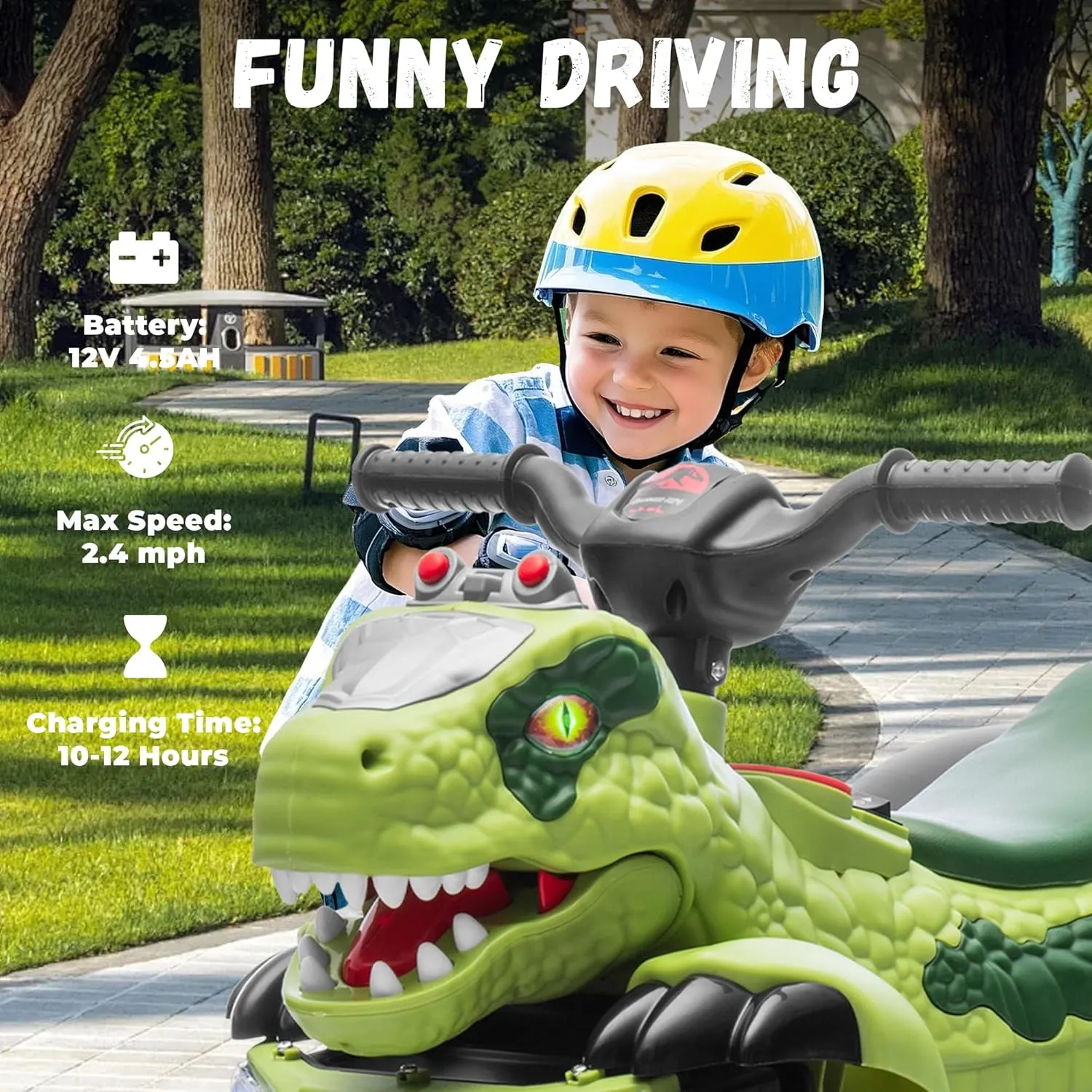12V ATV Electric Ride on Car, Dinosaur Battery Electric Car for Kids with Music, Cool Light, Microphone Interface Kids Ride On Toy Tree Tyrannosaurus Rex Green
