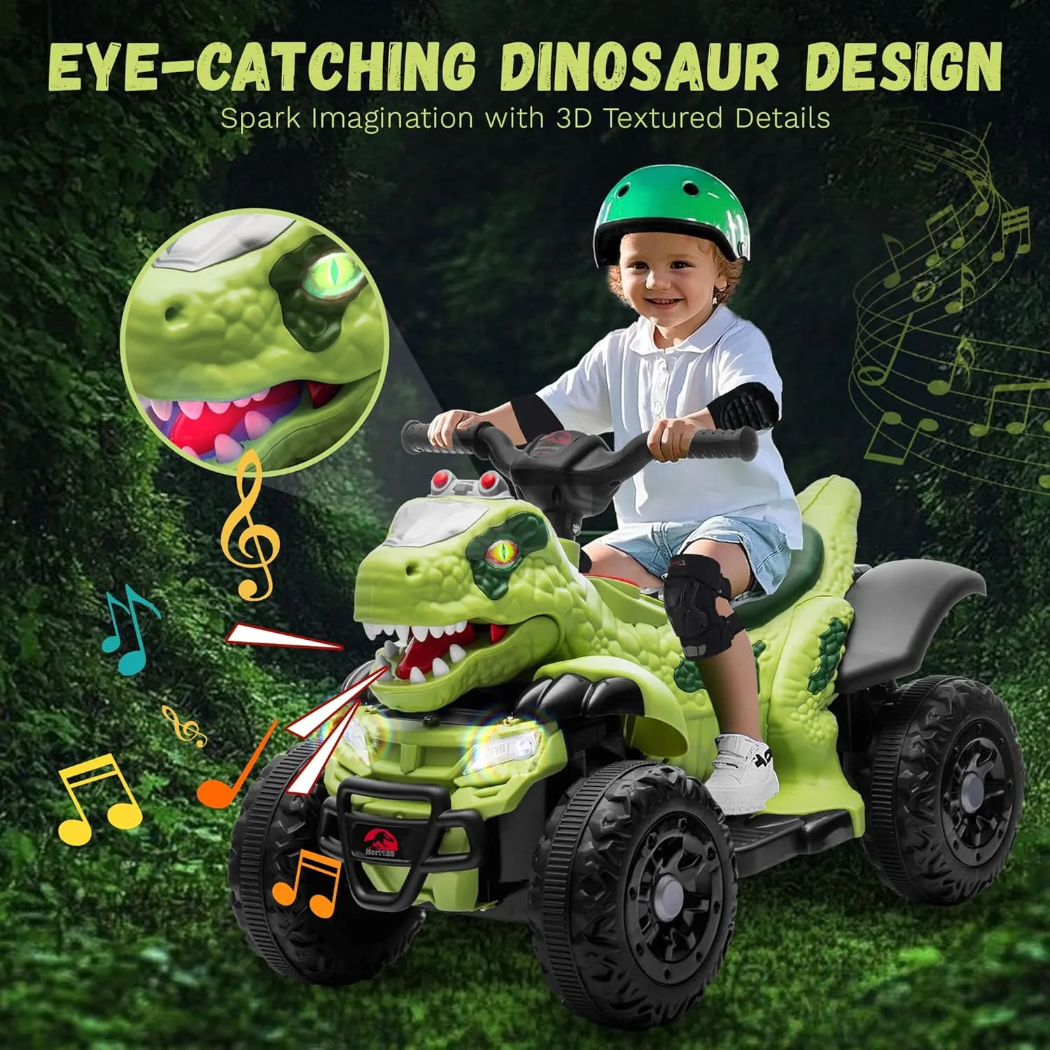 12V ATV Electric Ride on Car, Dinosaur Battery Electric Car for Kids with Music, Cool Light, Microphone Interface Kids Ride On Toy Tree Tyrannosaurus Rex Green