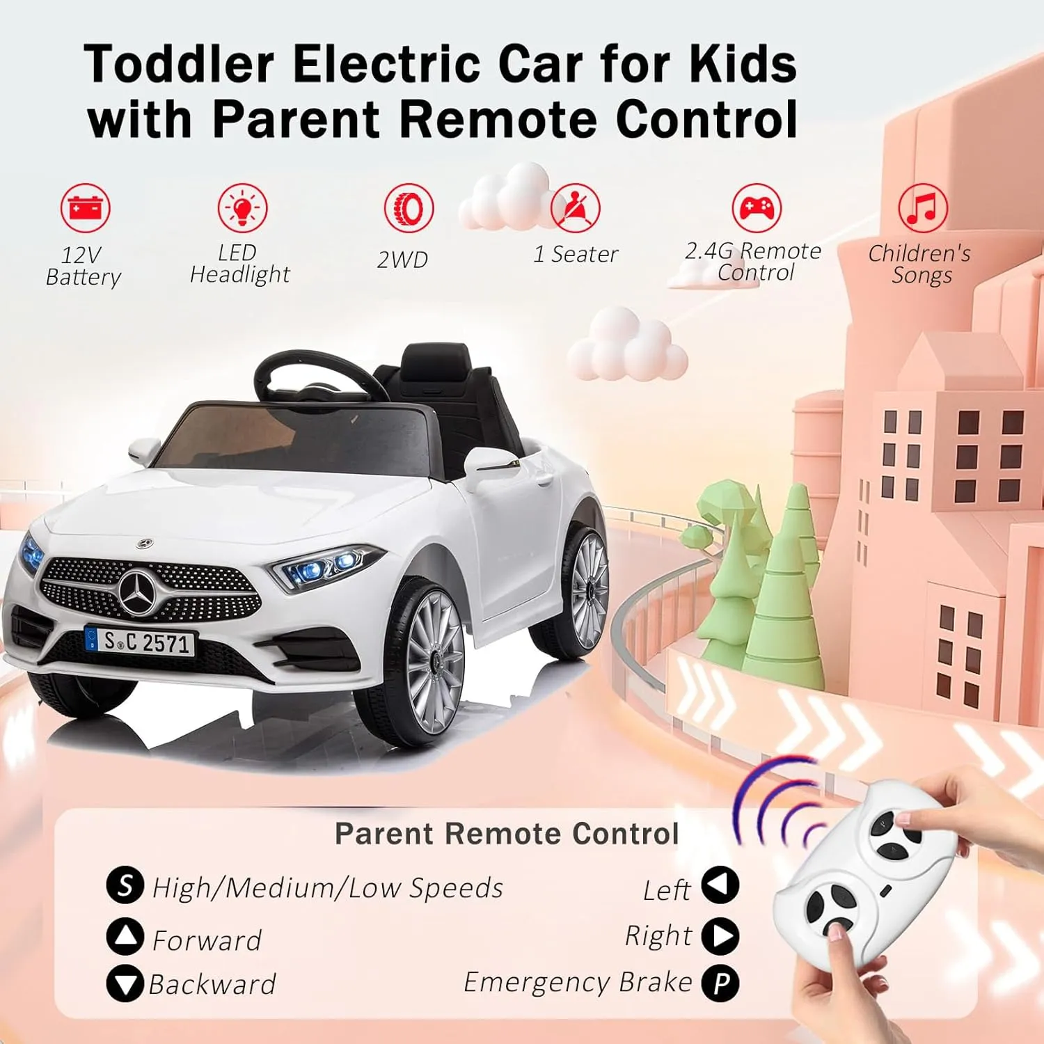12v Battery Kids Ride on Electric Vehicles Cars Power Wheel Toy Mini Car for Age 1-6 Toddler Baby to Drive with Steering Remote Control Mercedes Benz Kid Car for Boys Girls (White)