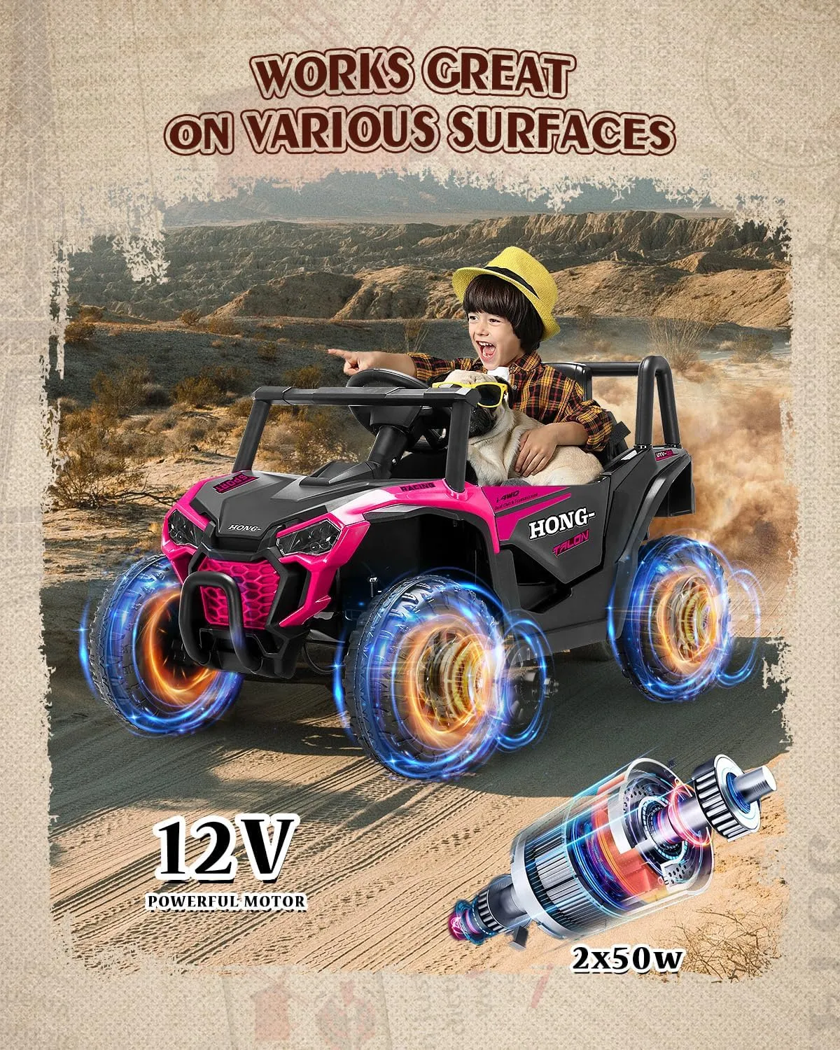 12V Kids Ride on Car, Battery Powered Electric UTV Truck with Parent Remote Control, Bluetooth, Music, LED Light, 3 Speeds, Soft Start, Safety Belt, Horn, Ride on Toys for Boy Girl (Pink)