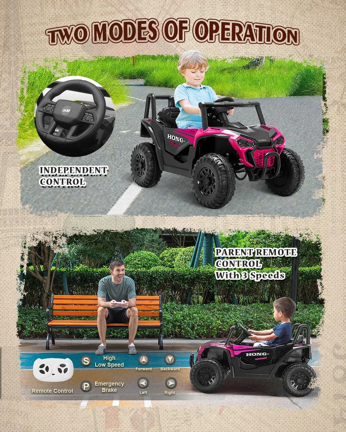 12V Kids Ride on Car, Battery Powered Electric UTV Truck with Parent Remote Control, Bluetooth, Music, LED Light, 3 Speeds, Soft Start, Safety Belt, Horn, Ride on Toys for Boy Girl (Pink)