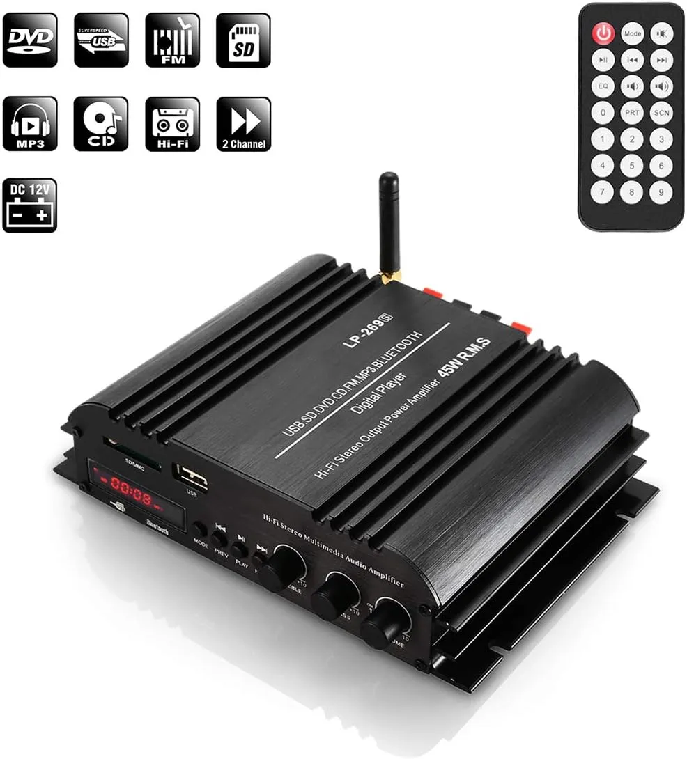 12V Mini Hi-Fi Amplifier Bluetooth Car Amplifier Digital Player HiFi Stereo Audio Power 2CH 45W Home Multimedia Support SD USB FM MP3 DVD CD