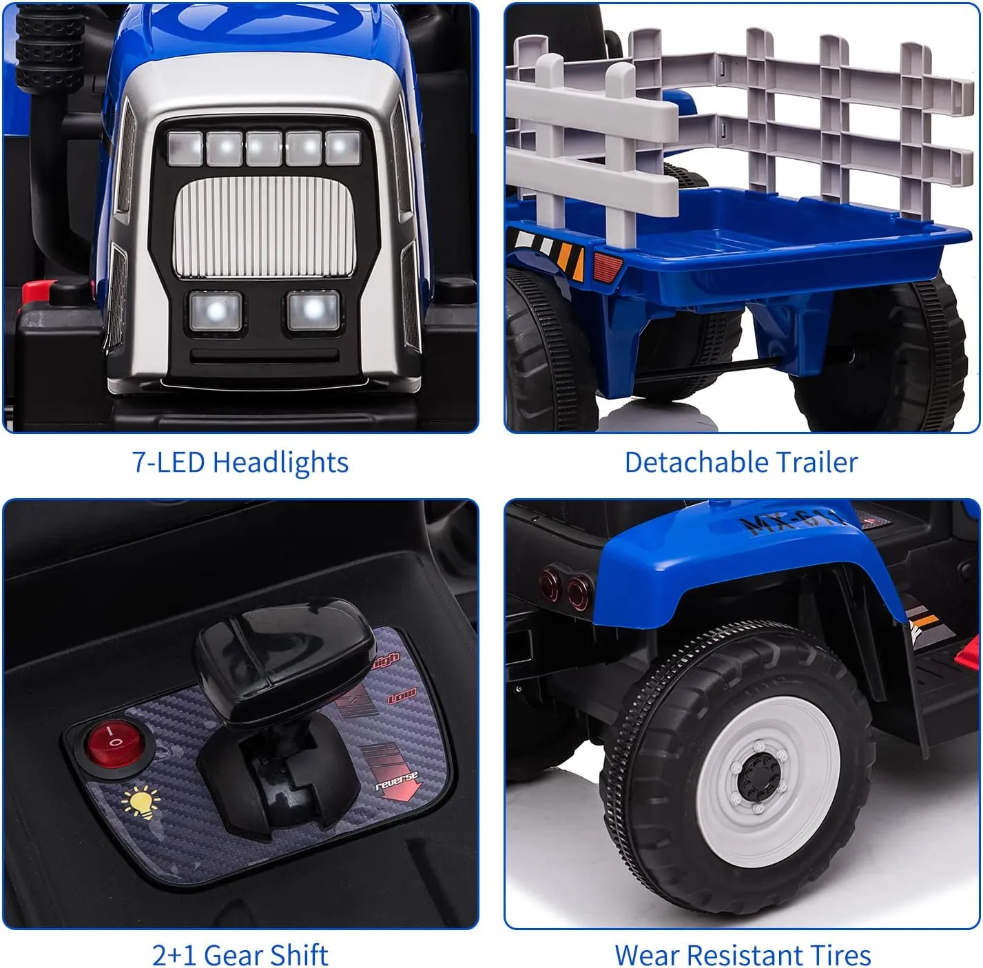 12V Ride on Tractor with Trailer and Remote Control,Toddler Kids Electric Vehicle Car with LED Headlights,2 1 Gear Shift,MP3 Player,USB,Speed Up to 5mph (25W,Tread Tire,Blue)
