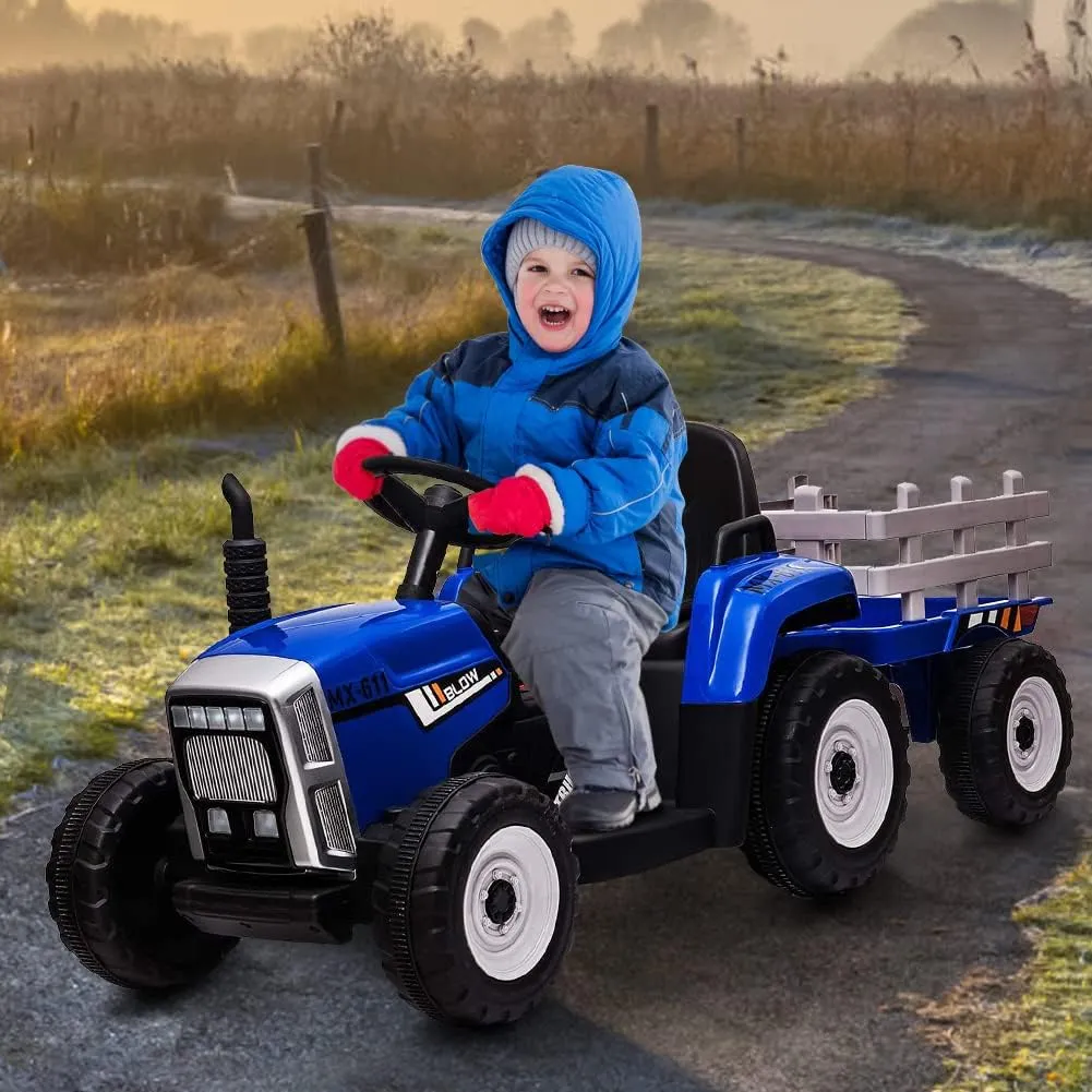 12V Ride on Tractor with Trailer and Remote Control,Toddler Kids Electric Vehicle Car with LED Headlights,2 1 Gear Shift,MP3 Player,USB,Speed Up to 5mph (25W,Tread Tire,Blue)