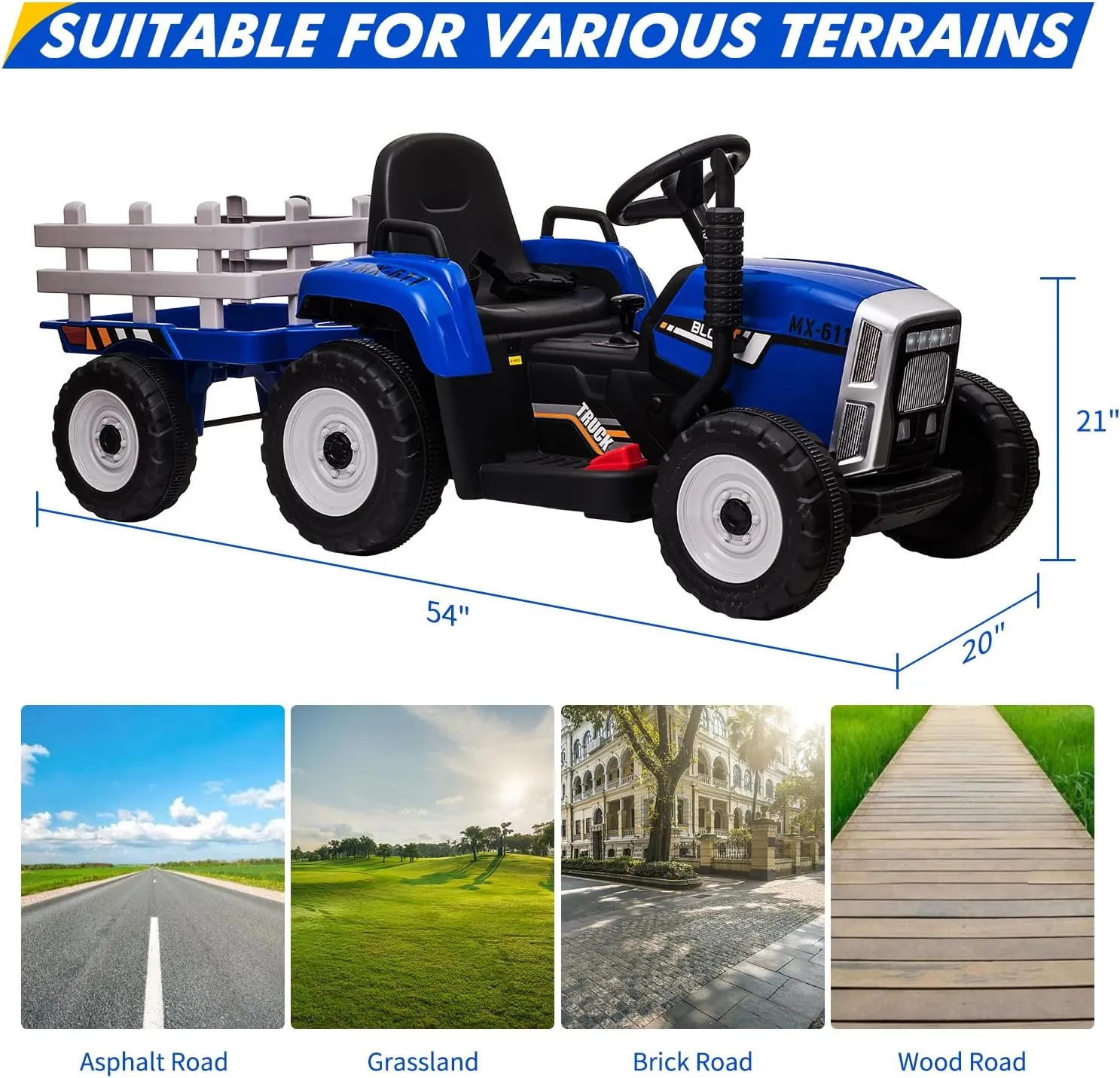 12V Ride on Tractor with Trailer and Remote Control,Toddler Kids Electric Vehicle Car with LED Headlights,2 1 Gear Shift,MP3 Player,USB,Speed Up to 5mph (25W,Tread Tire,Blue)