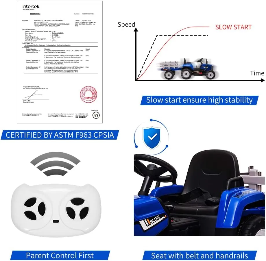 12V Ride on Tractor with Trailer and Remote Control,Toddler Kids Electric Vehicle Car with LED Headlights,2 1 Gear Shift,MP3 Player,USB,Speed Up to 5mph (25W,Tread Tire,Blue)