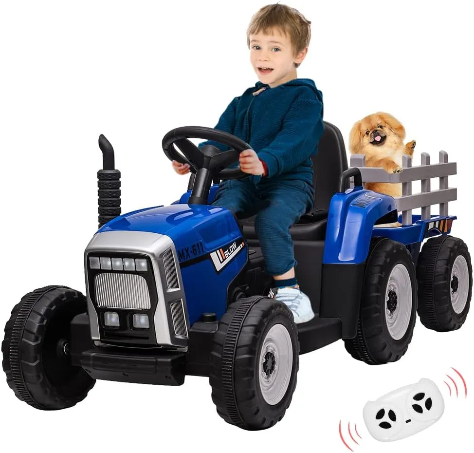 12V Ride on Tractor with Trailer and Remote Control,Toddler Kids Electric Vehicle Car with LED Headlights,2 1 Gear Shift,MP3 Player,USB,Speed Up to 5mph (25W,Tread Tire,Blue)
