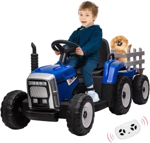 12V Ride on Tractor with Trailer and Remote Control,Toddler Kids Electric Vehicle Car with LED Headlights,2 1 Gear Shift,MP3 Player,USB,Speed Up to 5mph (25W,Tread Tire,Blue)