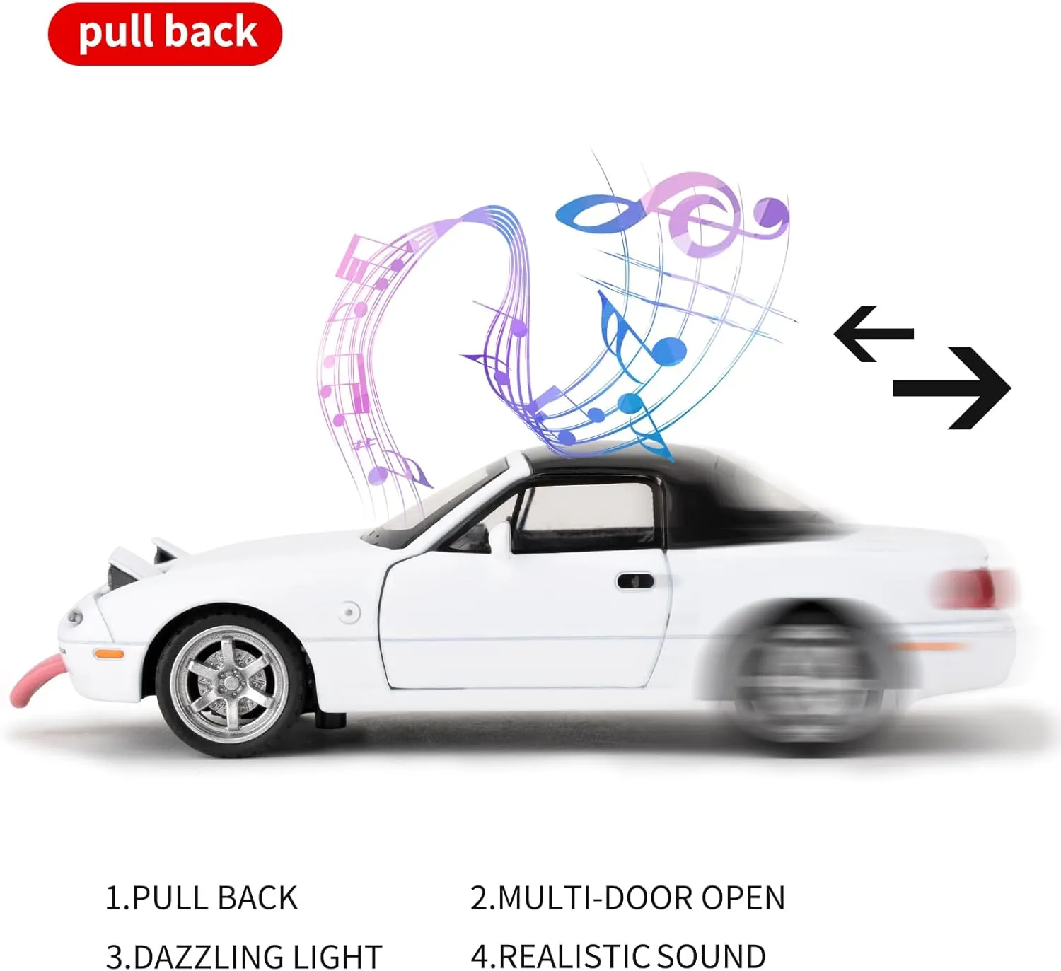 1/32 Mazda Miata MX-5 Alloy Model Car, Toy Car with Pullback, Removable Top, Blinking Lights, Toy Car with Sound and Bright Lights, Collectible Grade Gift for Kids (White)