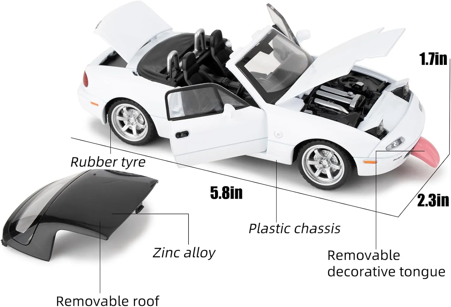 1/32 Mazda Miata MX-5 Alloy Model Car, Toy Car with Pullback, Removable Top, Blinking Lights, Toy Car with Sound and Bright Lights, Collectible Grade Gift for Kids (White)
