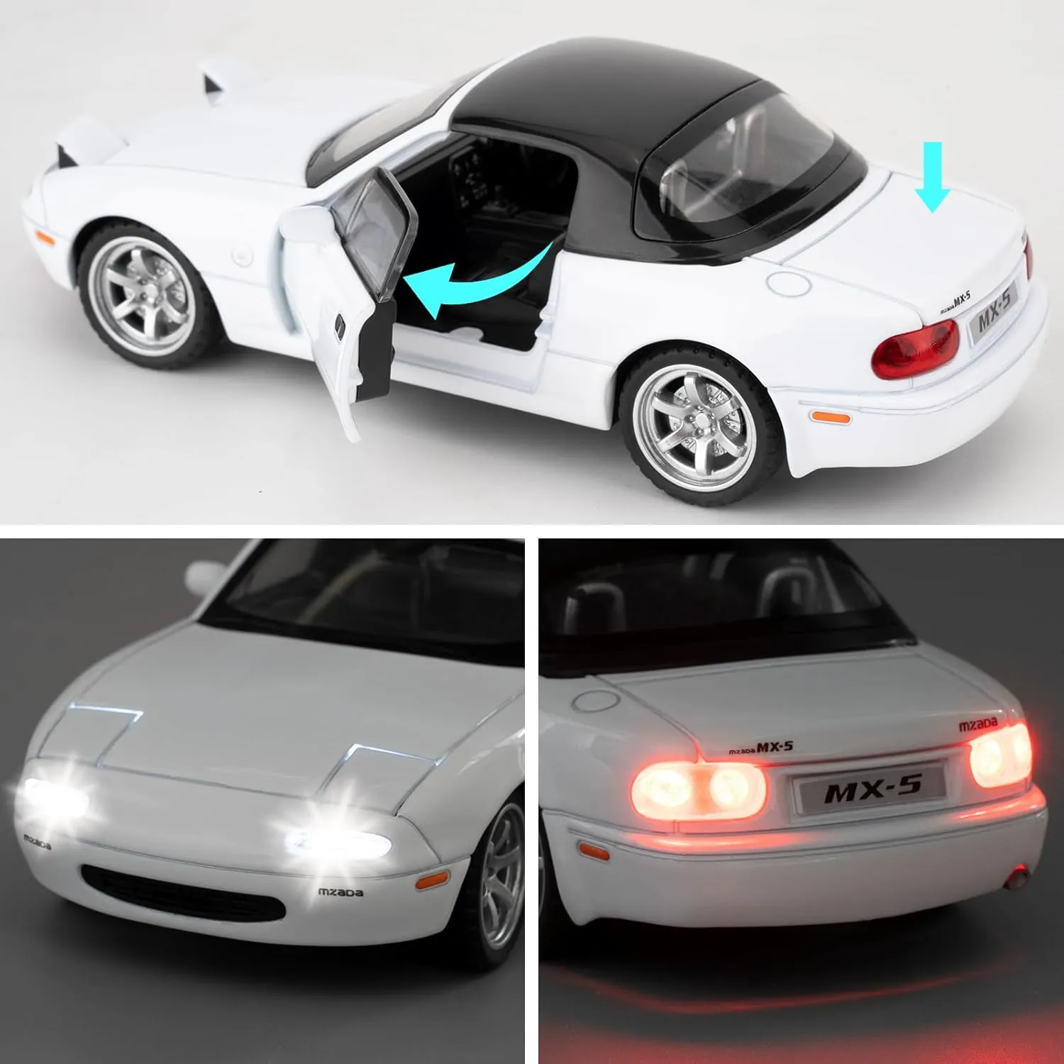 1/32 Mazda Miata MX-5 Alloy Model Car, Toy Car with Pullback, Removable Top, Blinking Lights, Toy Car with Sound and Bright Lights, Collectible Grade Gift for Kids (White)
