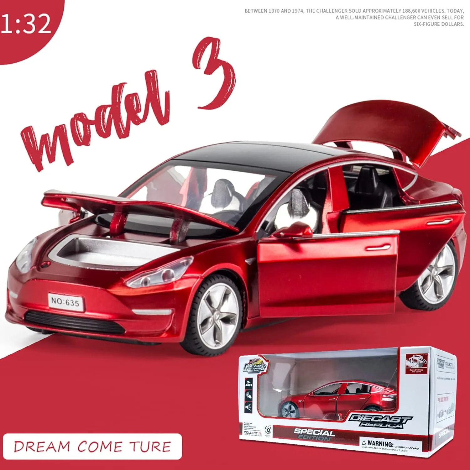 1/32 Scale Diecast Car Model, Pull Back Vehicles Toy Car with Sound and Light, Zinc Alloy Toy Car for Collectors & Boys or Girls 3  Years Old (Model 3 -Red)