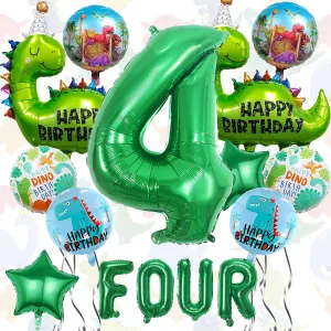 14Pcs Dinosaur Balloons - Birthday Decorations Big Cute Dino Party Decor Baby Shower Aluminum Foil Balloon Number 4 Mylar Balloon for Themed Party Boys Girls Birthday Decor