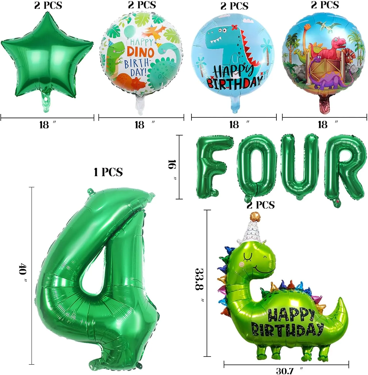 14Pcs Dinosaur Balloons - Birthday Decorations Big Cute Dino Party Decor Baby Shower Aluminum Foil Balloon Number 4 Mylar Balloon for Themed Party Boys Girls Birthday Decor