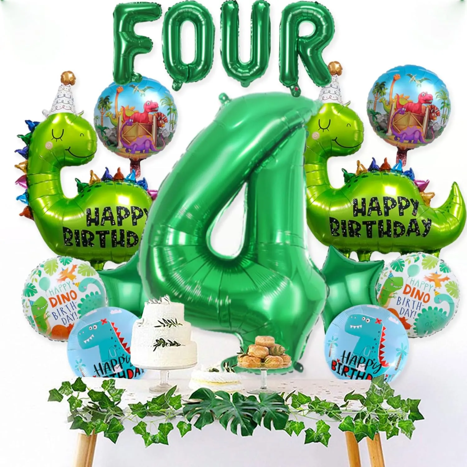 14Pcs Dinosaur Balloons - Birthday Decorations Big Cute Dino Party Decor Baby Shower Aluminum Foil Balloon Number 4 Mylar Balloon for Themed Party Boys Girls Birthday Decor