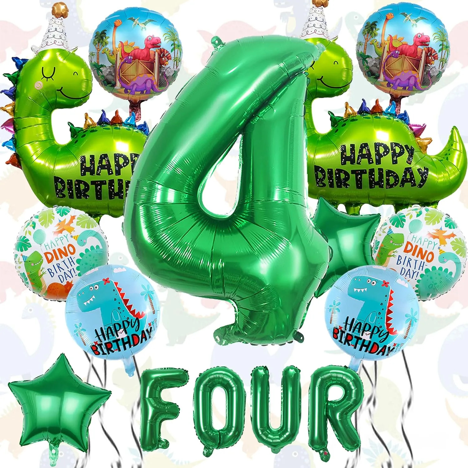 14Pcs Dinosaur Balloons - Birthday Decorations Big Cute Dino Party Decor Baby Shower Aluminum Foil Balloon Number 4 Mylar Balloon for Themed Party Boys Girls Birthday Decor