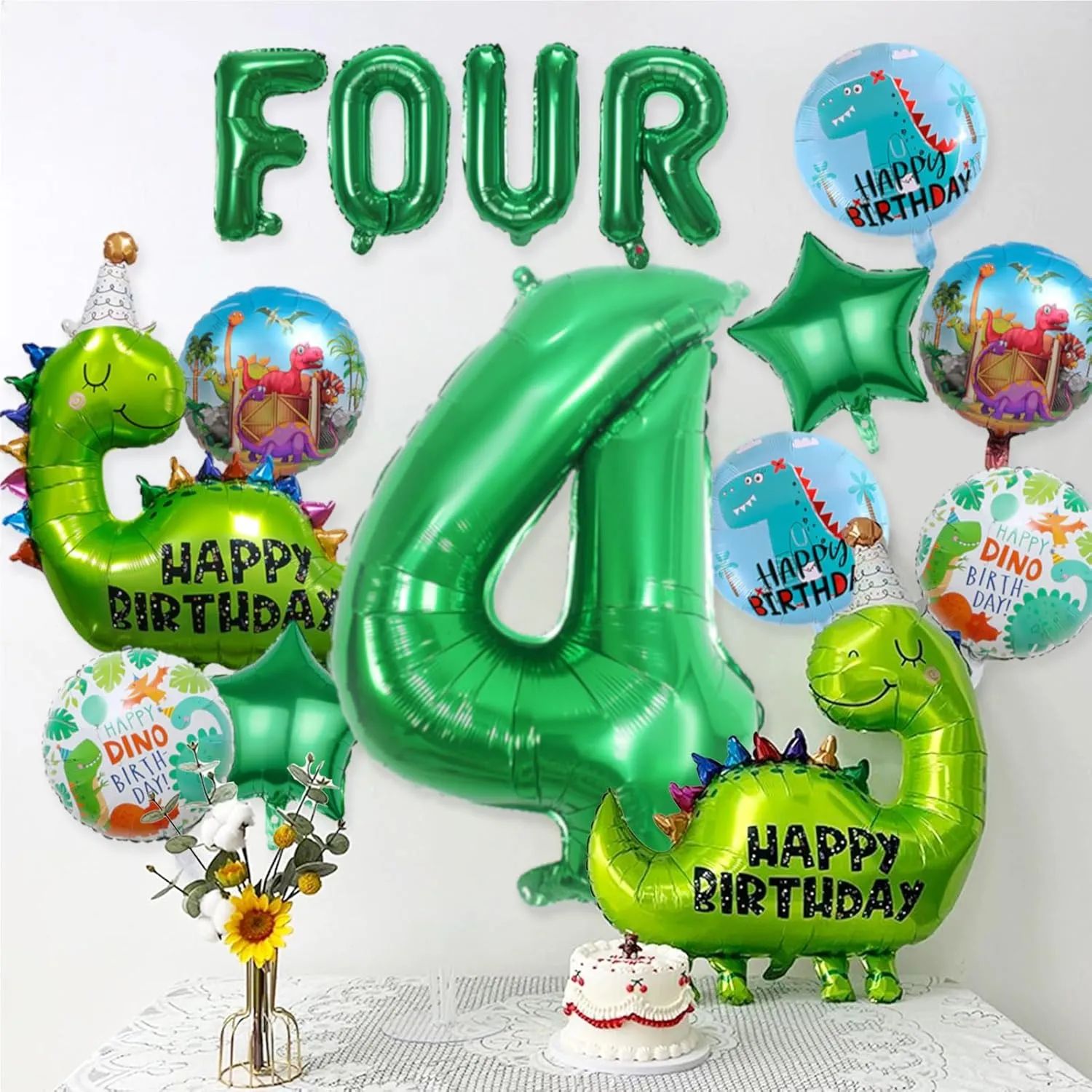 14Pcs Dinosaur Balloons - Birthday Decorations Big Cute Dino Party Decor Baby Shower Aluminum Foil Balloon Number 4 Mylar Balloon for Themed Party Boys Girls Birthday Decor