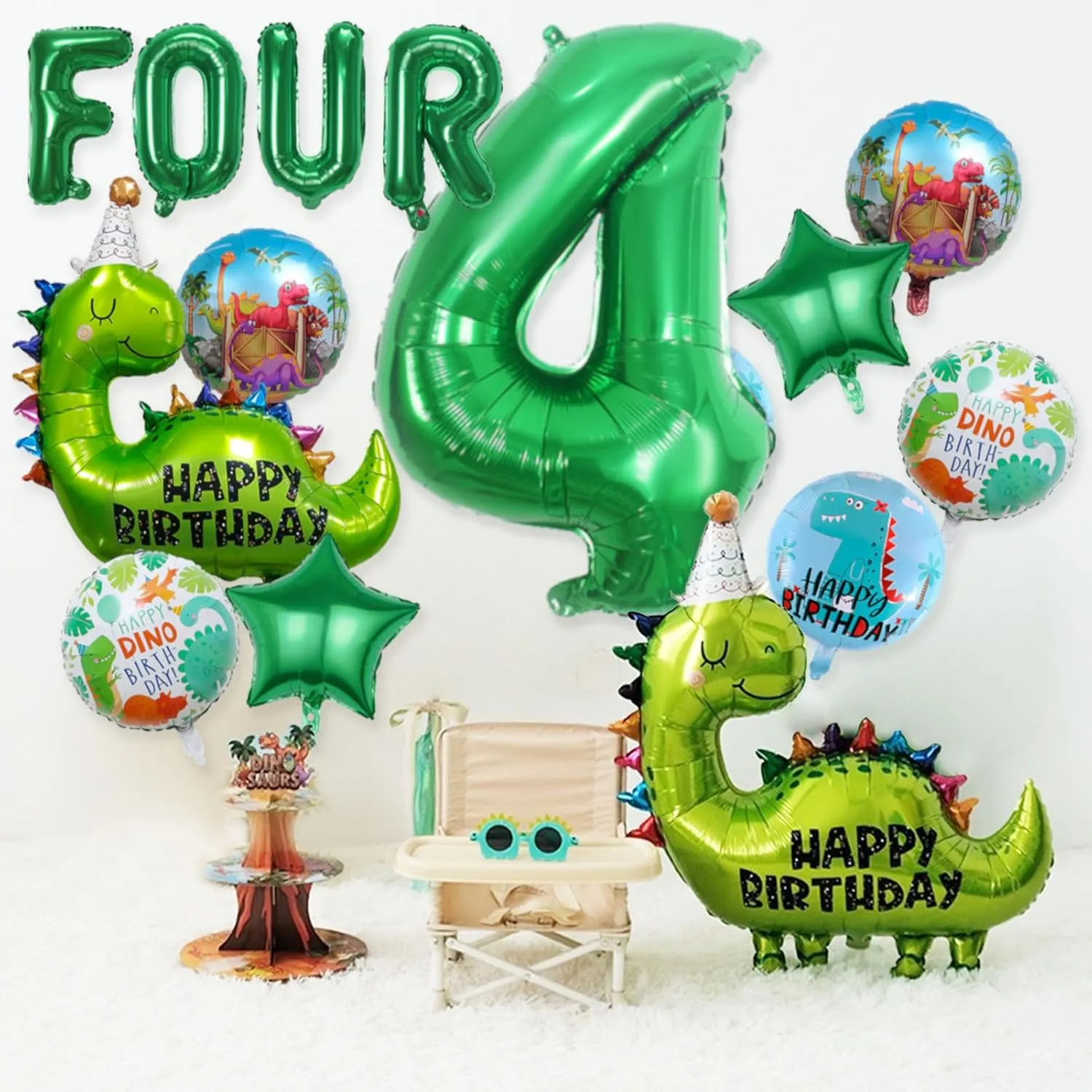 14Pcs Dinosaur Balloons - Birthday Decorations Big Cute Dino Party Decor Baby Shower Aluminum Foil Balloon Number 4 Mylar Balloon for Themed Party Boys Girls Birthday Decor