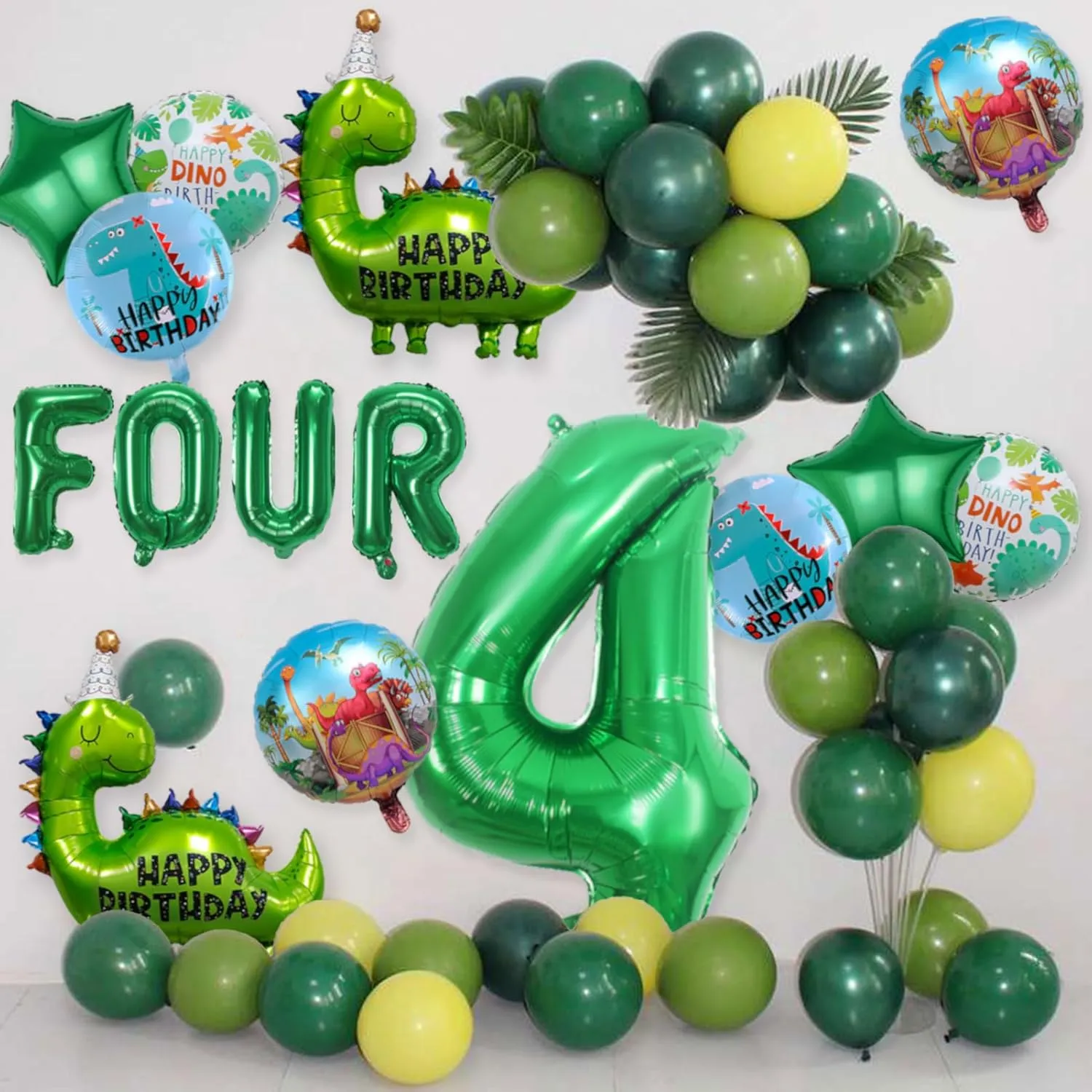 14Pcs Dinosaur Balloons - Birthday Decorations Big Cute Dino Party Decor Baby Shower Aluminum Foil Balloon Number 4 Mylar Balloon for Themed Party Boys Girls Birthday Decor