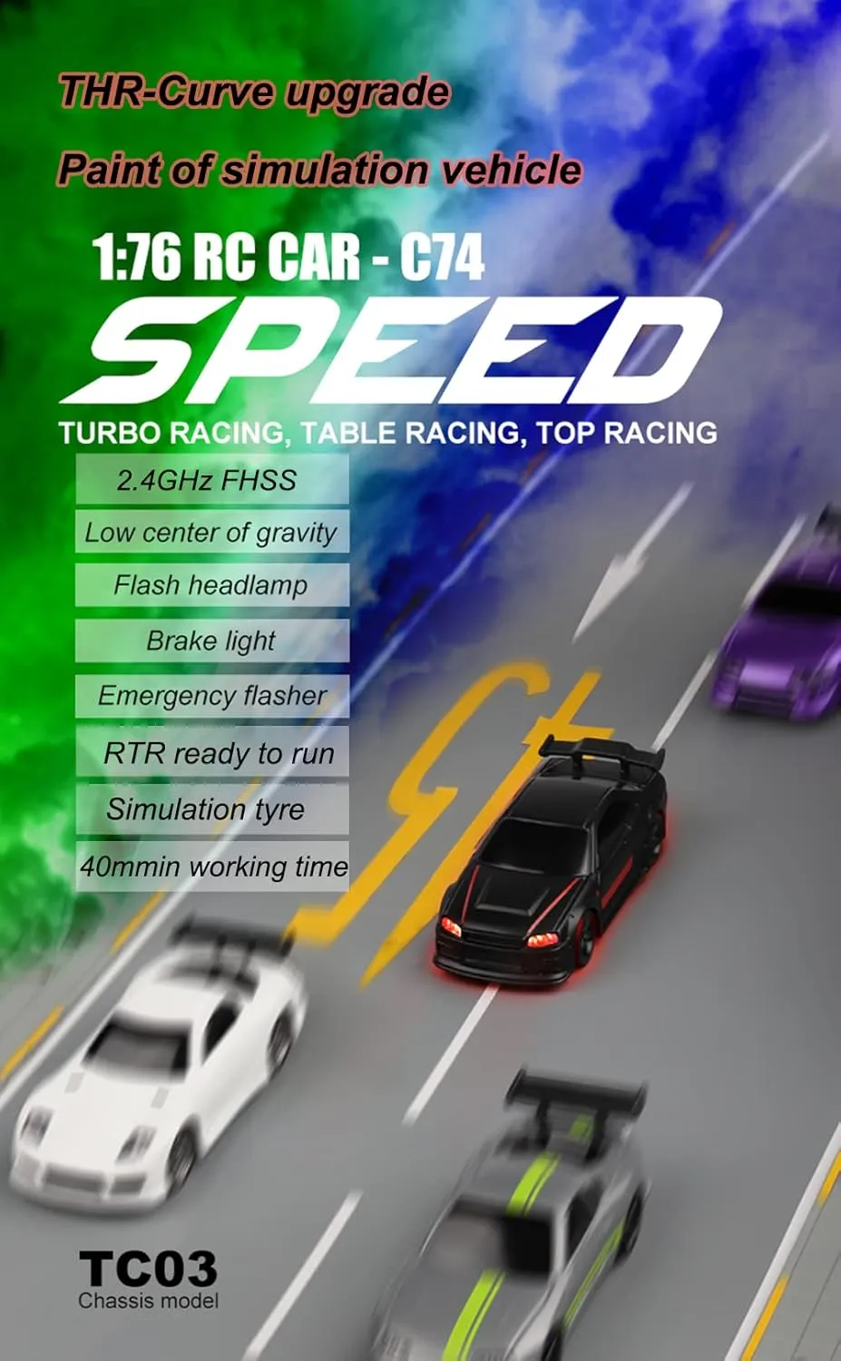 1:76 Turbo Racing Scale RC Sport Car, Table Racing Remote Control Mini Model Car Full Proportional RTR Kit Toys (C74-black)