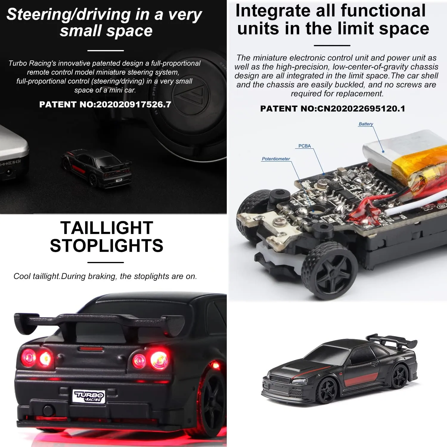 1:76 Turbo Racing Scale RC Sport Car, Table Racing Remote Control Mini Model Car Full Proportional RTR Kit Toys (C74-black)