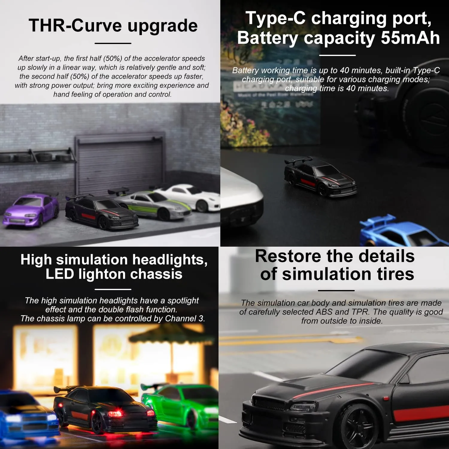 1:76 Turbo Racing Scale RC Sport Car, Table Racing Remote Control Mini Model Car Full Proportional RTR Kit Toys (C74-black)